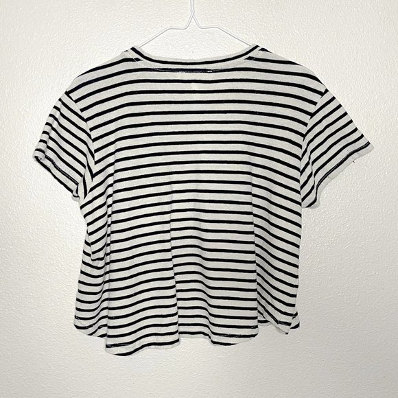Apiece Apart | Easy Pocket Tee Striped Crop T-Shirt in Navy Cream - Picture 3 of 7
